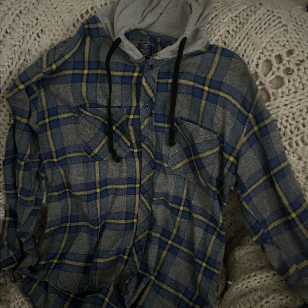 Black Jack Plaid Blue, Gray, & Yellow Men's Hoodie Shirt